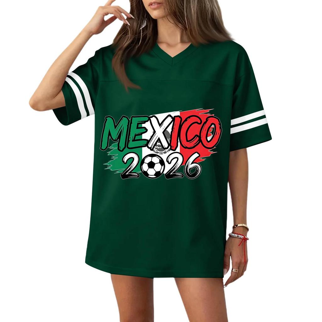 Women V Neck Casual Soccer Jersey Style Short Sleeve Top with Mexico 2026 Flag Print for Sports and Wear