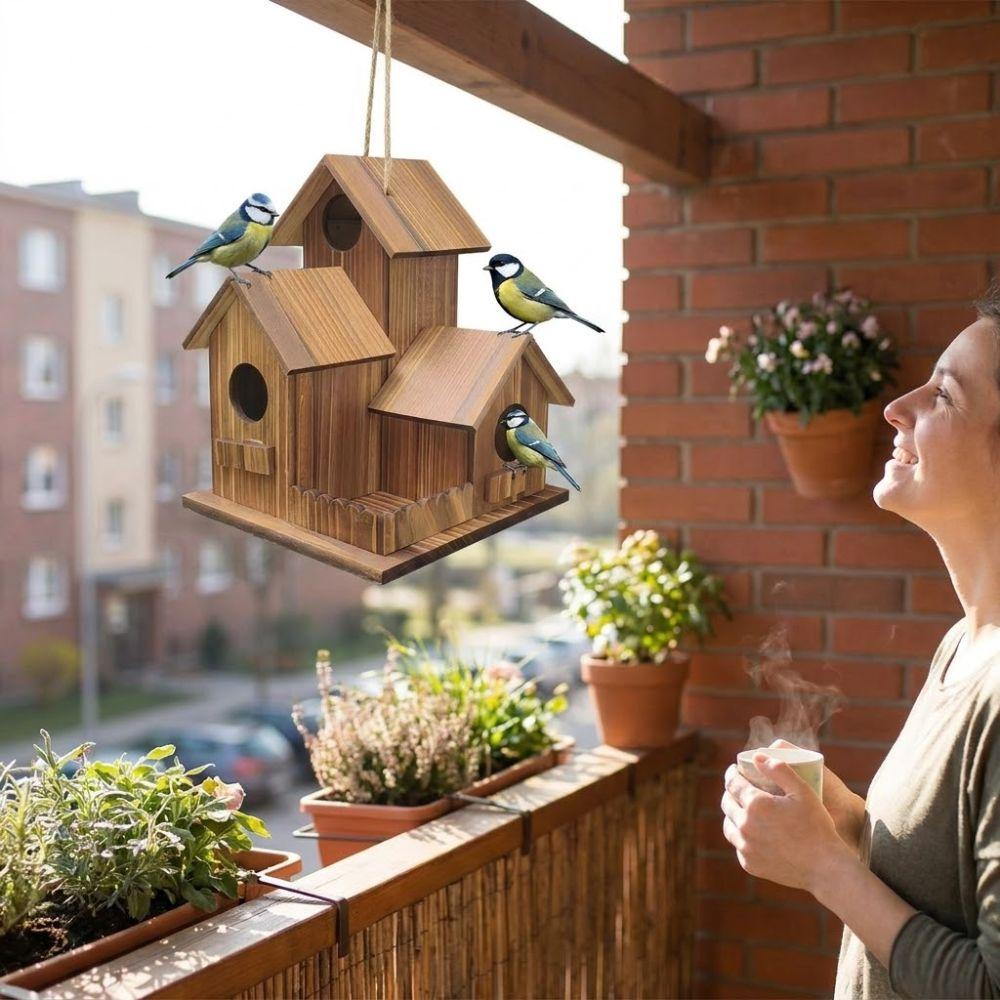 3 Chambers Wooden Bird House Thickened Incubation Box Hanging Birdhouse Handmade Weather Resistant Bird Villa Nest