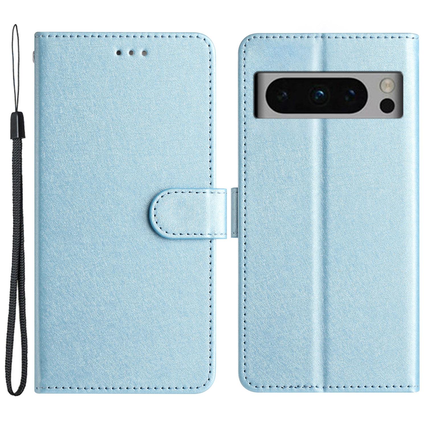 

For Google Pixel 8 Pro PU Leather Stand Cover Wallet Design Silk Texture Phone Case with Strap Sky Blue