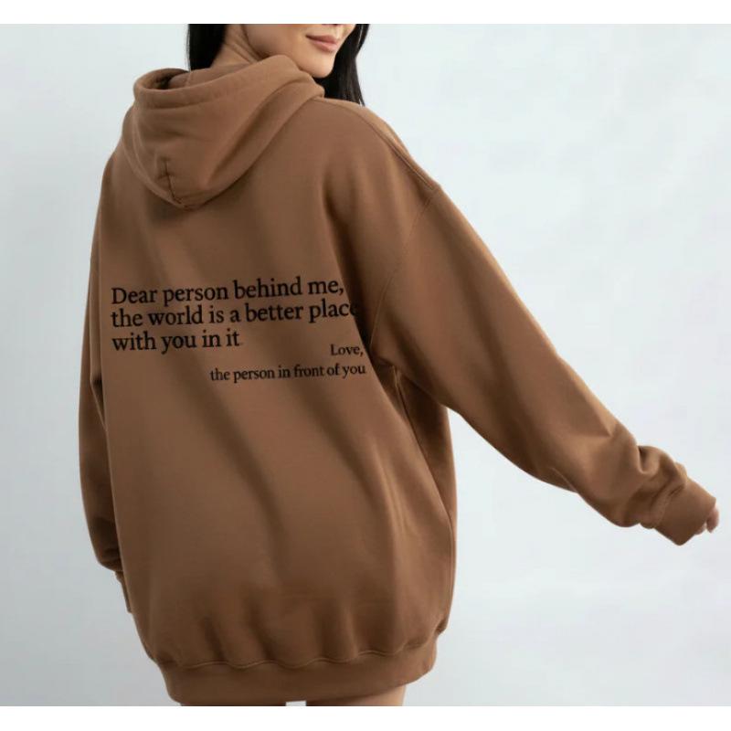 Women's Cross-Border Letter Print Hoodie - Plain Color Drawstring Sweatshirt, European & American Style.