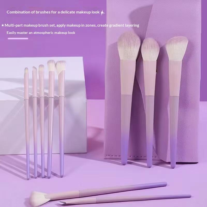 Professional 10PCS Makeup Brush Set Pink-Purple Gradient Handle Soft Synthetic Bristles for Full Face Cosmetic Application