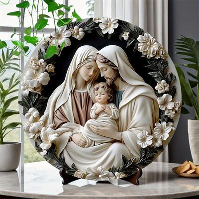 Holy Family Wooden Round Wall Art, Inch Religious Home Decor, Relief Sculpture, Versatile for Living Room, Bedroom, Cafe