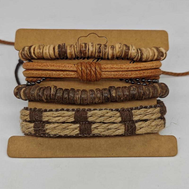 Minimalist Handmade Hemp Rope and Leather Bracelet Set: Unisex Retro Star Design