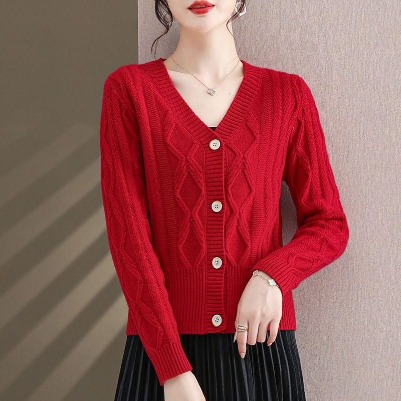 V-neck Knitted Cardigan Coat Women's New Loose Short Fried Dough Twist Sweater Fashion Top