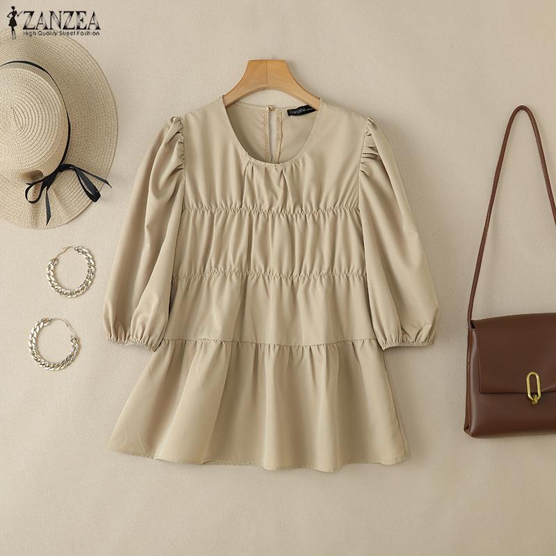 ZANZEA Kvinner Casual rund hals ensfarget løs kortermet bluse