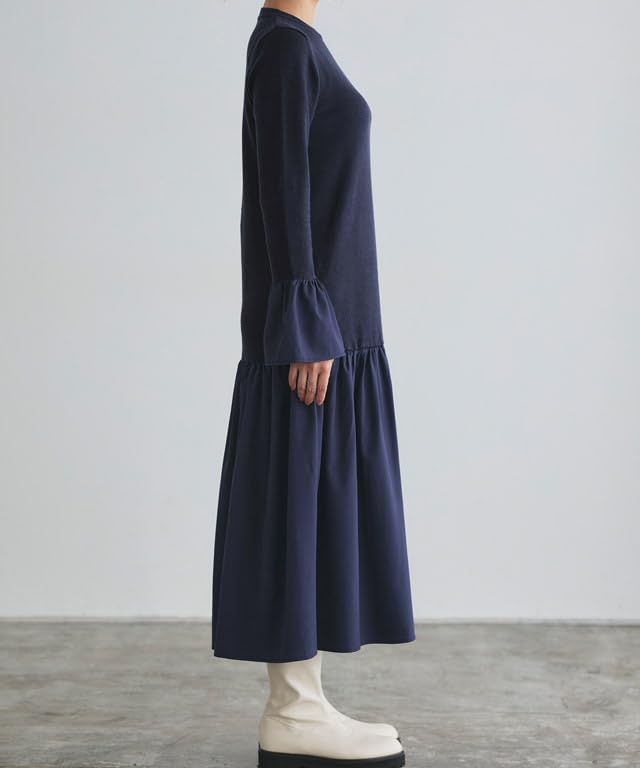 Pierrot Knit Rayon Flared Size Black Mixed-Material Dress, Blend, Gathered, Silhouette, Women's, M,