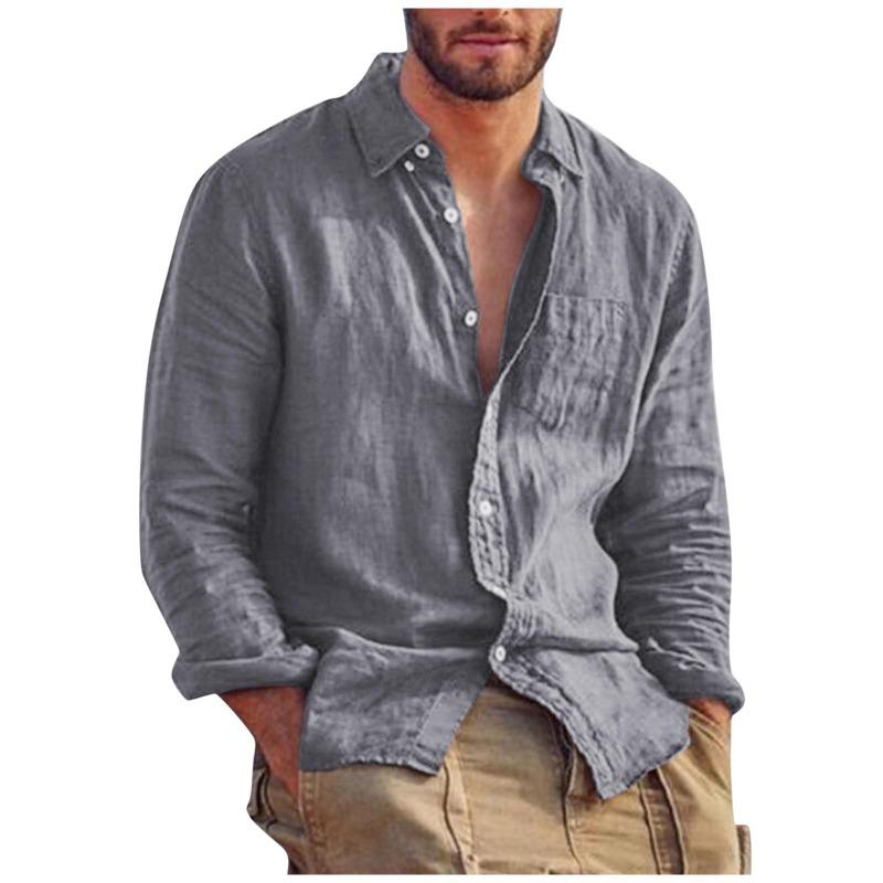 Blusa superior de camiseta de color sólido de lino de algodón de manga larga casual de moda para hombres