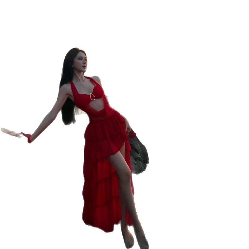 Beautiful Red Bikini Seaside Irregular Trailing Beach Skirt Set White Photo Shoot Top Two-piece Set