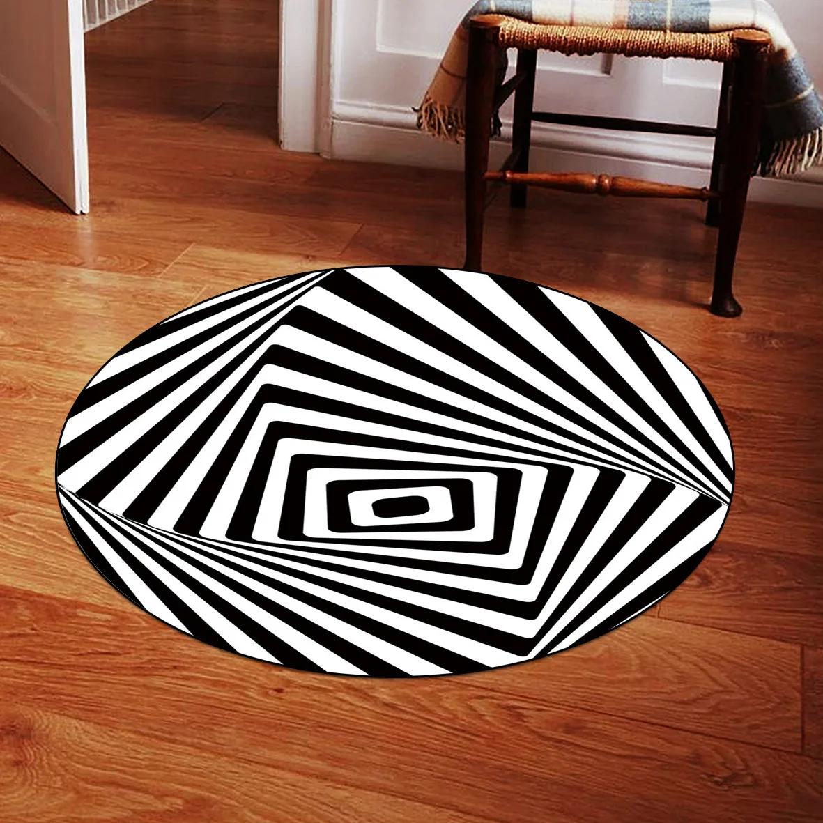 

Round Black & White Geometric Stripe Rug – Abstract Texture Anti-Slip Mat for Living Room Cloakroom Home Decor Diameter 60cm