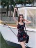 Low-Neck Off-Shoulder Slim-Fit Printed Camisole Dress, Waist-Cinching, Hip-Hugging, Summer Style for Women