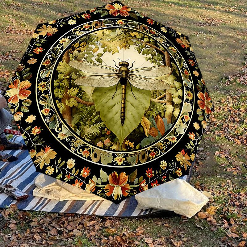 1PC Dragonfly Floral Umbrella-8-Rib Reinforced, Automatic Open, Lightweight & Durable, Cute Fashion Accessory for Outdoor, Beach or Casual Use, Beach