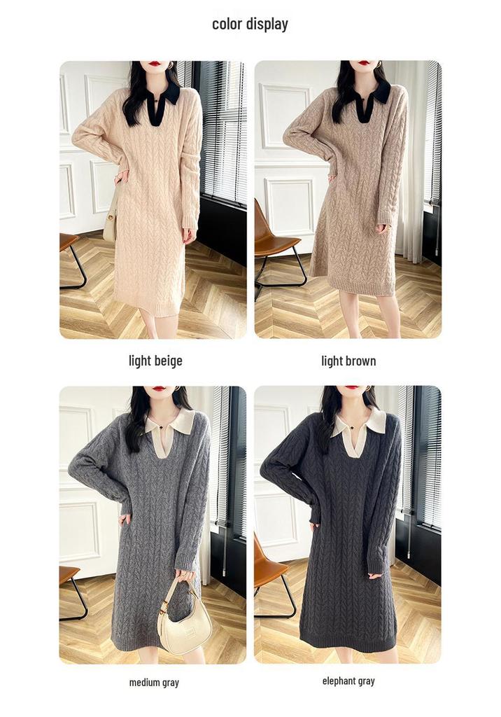 Women's Long Sleeve Knee-Length Cable Knit Polo Dress - Autumn 2024 Collection.