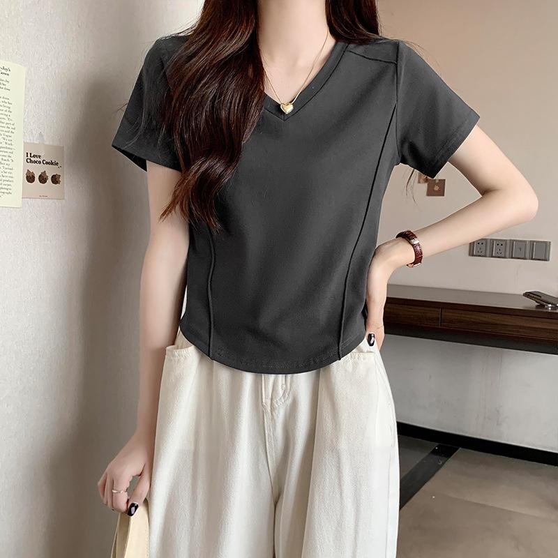 White short-sleeved T-shirt women's summer right shoulder slim design slim irregular short V-neck collarbone top