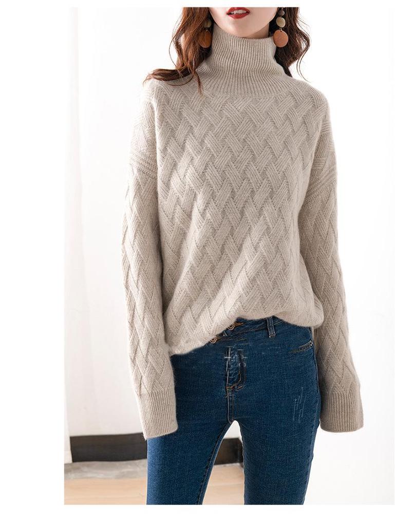 Women's High-Neck Ribbed Knit Sweater - Warm, Thick, Loose Fit for Autumn/Winter 2024, Korean Style