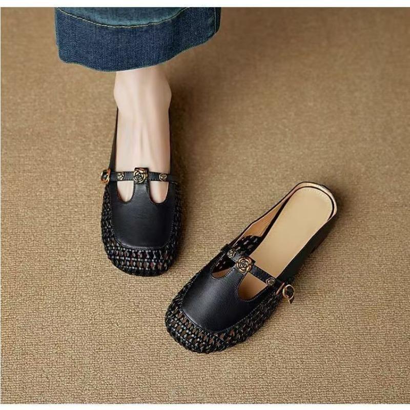 Fashion 2025 French Woven Hollow Breathable Real Leather Toe Cover Women's High Heel T-Strap Semi-Slipper Rubber Sole Basic Type
