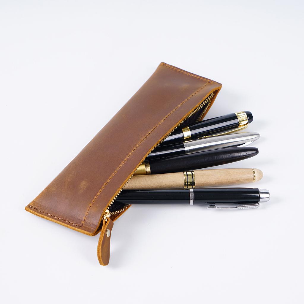 2026 Leather Pencil Bag Academy First Layer Crazy Horse Leather Handmade Change Bag Student Pencil Bag Stationery Storage Bag