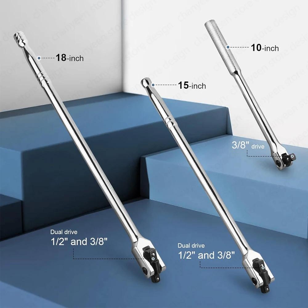 1/2'' Antrieb Knebel Ratsche Nuss 10/15/18 Zoll Verlängerung 180-Grad Cr-V Flexkopf und Gravierter Rutschfester Griff Reparaturwerkzeuge
