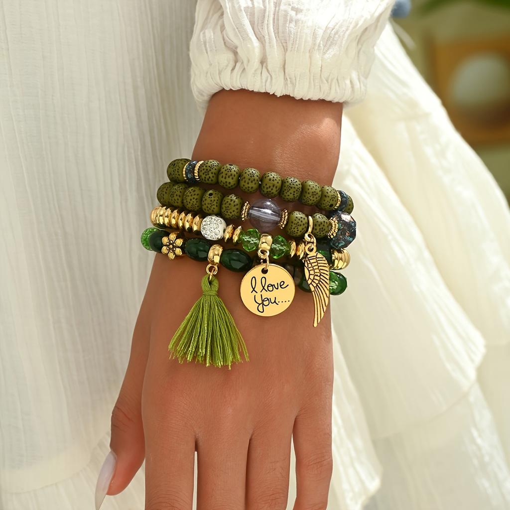 4pcs Bohemian Style Stacking Bracelets with Wings, Tassels & "I Love You" Charms, Assorted Beads, Ideal Gift for Teens And Family, Bracelet Charms
