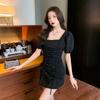 French gas waist bubble sleeve drawstring pleated new dress short sleeve square collar thin celebrity skirt