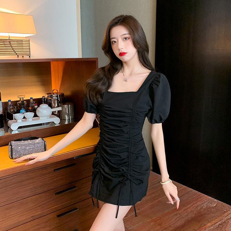 French gas waist bubble sleeve drawstring pleated new dress short sleeve square collar thin celebrity skirt