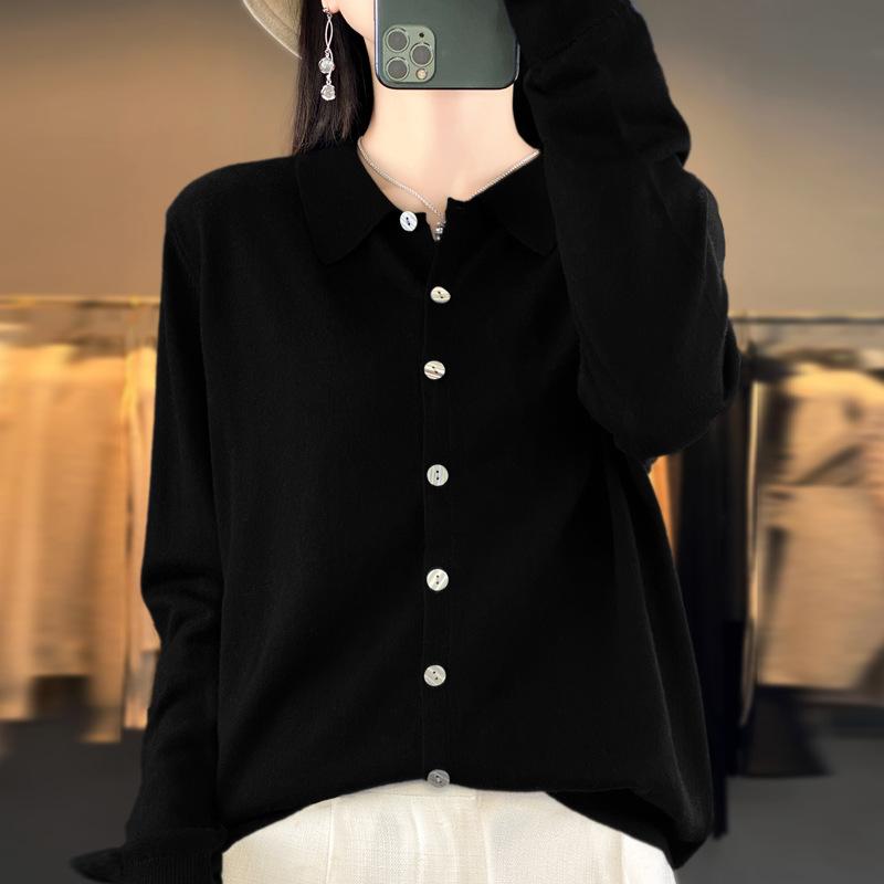 

Осень и зима новый кардиган из камвольной пряжи с вязаным воротником-стойкой, рубашка-поло с лацканами, с верхней курткой, женский XXL чёрный