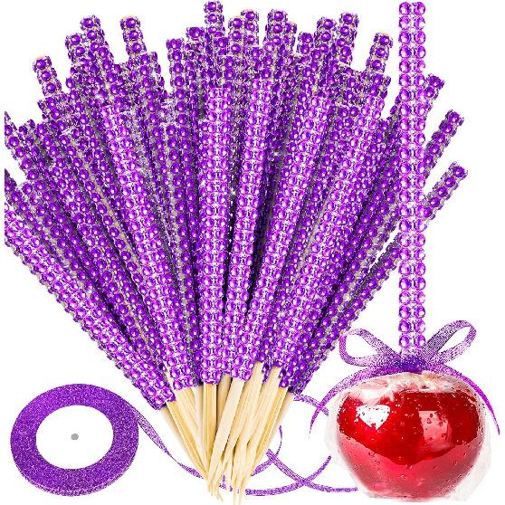 Silver Candy Apple Sticks, 26Pcs Bling Caramel Apple Wooden Pointed Skewers, Fruit Treats Cake Pop Decorative Sticks with Glass Bag Glitter Ribbons