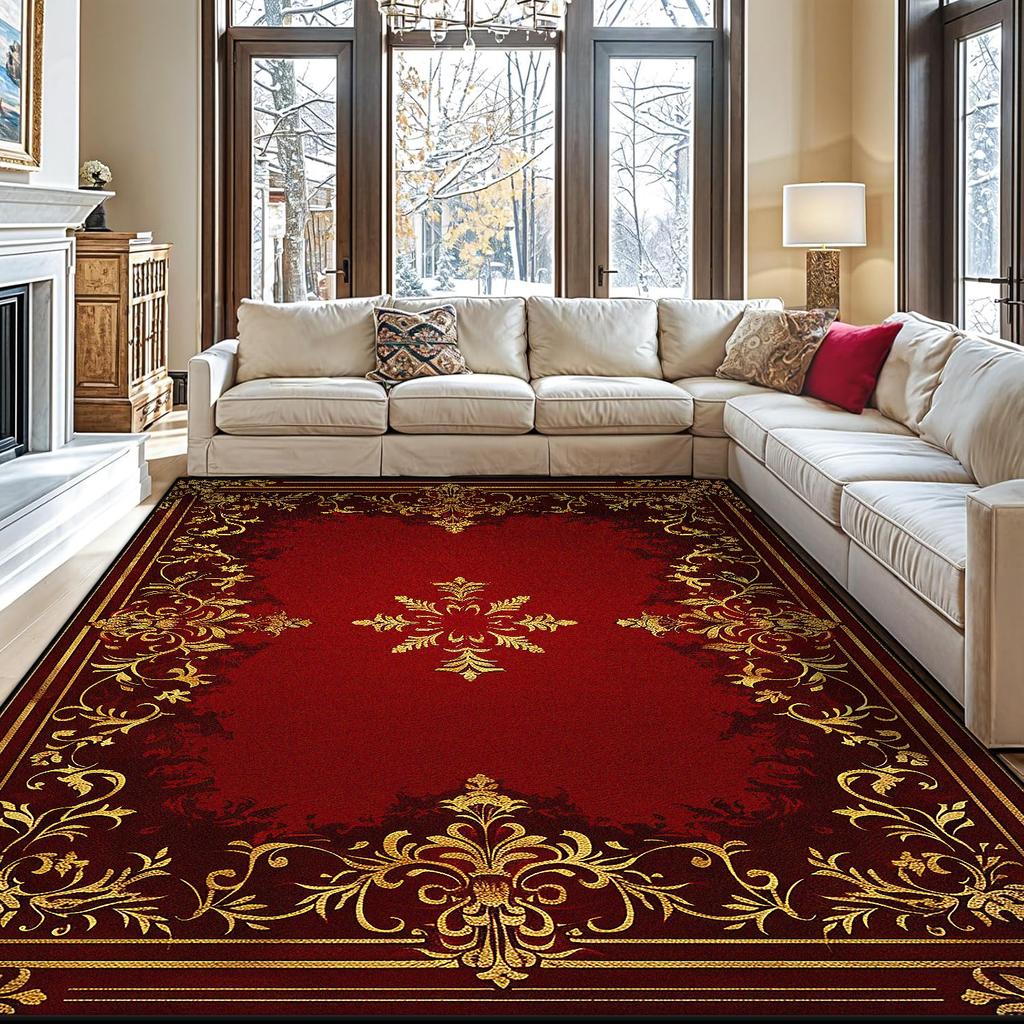 European Red Golden Large Area Rugs Living Room Decoration Home Sofa Area Carpet Gorgeous Bedroom Non-slip Floor Mat Washable