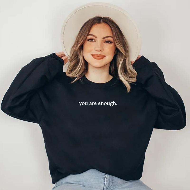 Women's Fleece-Lined Slogan Sweatshirt - Plain Color, Round Neck