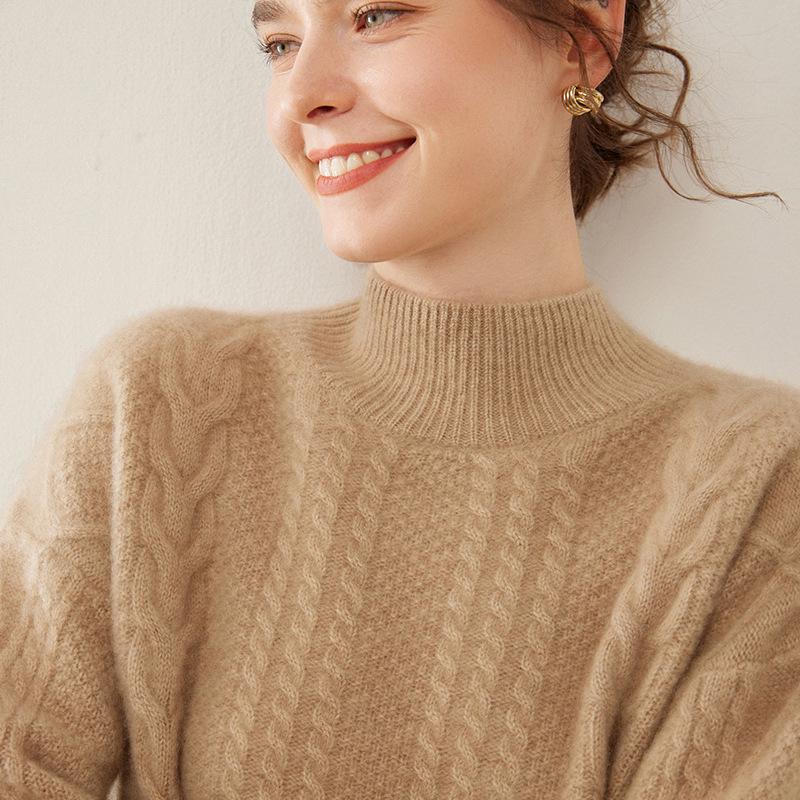 Women's 2025 Cashmere Cable Knit Pullover: Heavyweight, Half-High Collar, Loose, Slimming Sweater.