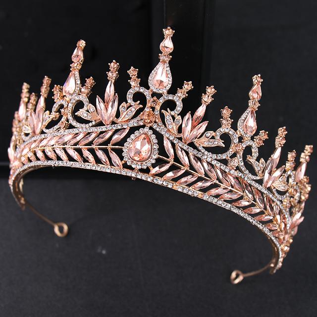 Fashion Rose Gold Peach Color Crystal Rhinestone Wedding Hair Accessories Queen Princess Diadems Women Tiara Crown Head Jewelry