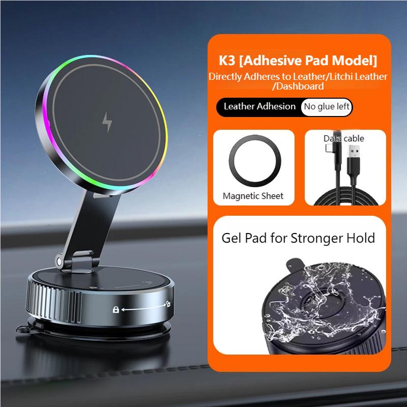 15W Magnetic Wireless Car Charger Mount, Vacuum Suction Cup Phone Holder for Dashboard Windshield, Fast Charging Auto Accessories for iPhone 16 15 14