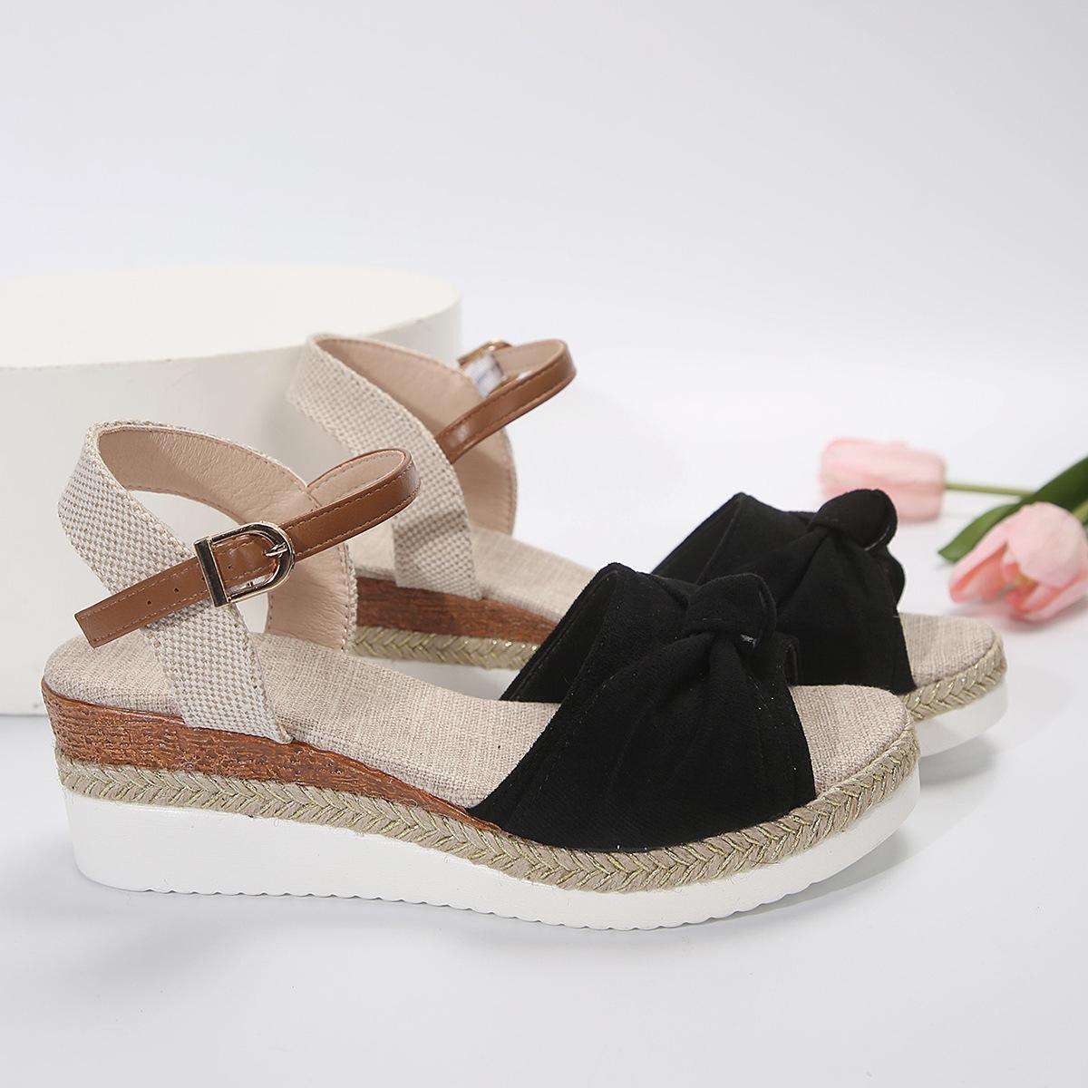 

Летние женские сандалии большого размера на наличные с наклонным каблуком и подошвой из пеньковой веревки, босоножки с застежкой-молнией «рыбий рот» 2025 года 43 чёрный