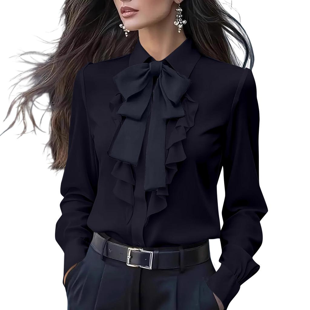 Women Bow Tie Neck Blouse Shirts Long Sleeve Tops