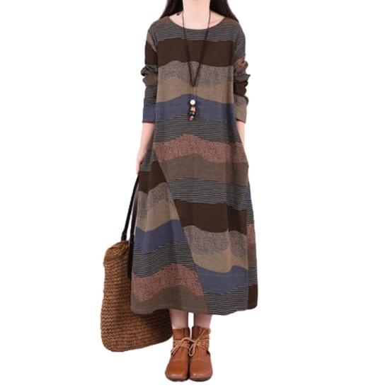 Women's Long Sleeve Cotton Linen Maxi Dress Vintage Bohemian Printed Patchwork Crew Neck Dress Fall Loose Outfit