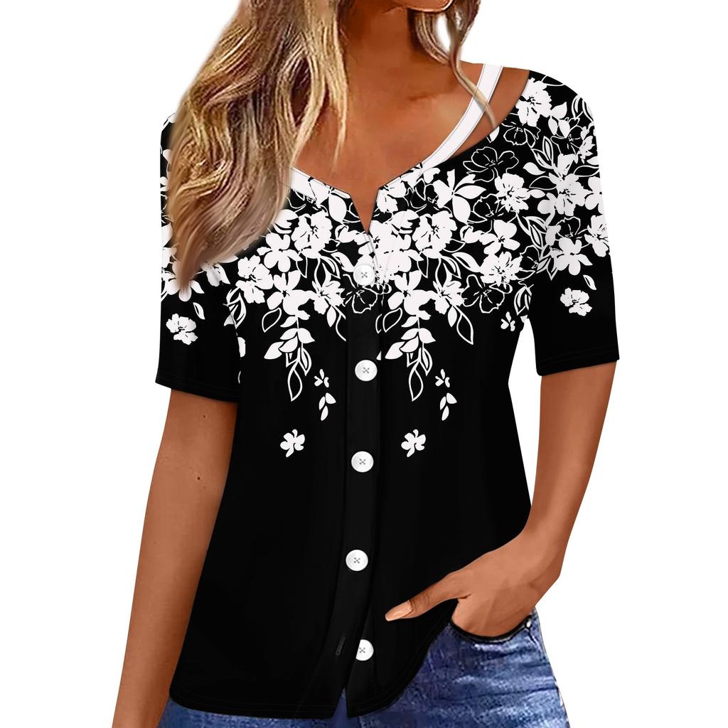 Women's T Shirt Tee Print Short Sleeve V-Neck Button Up Cardigan T-shirt Top
