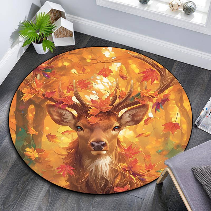 Autumnal Deer Round Area Rug,Carpet Rug for Living Room Bedroom Sofa Playroom Decor,Non-slip Floor Mat
