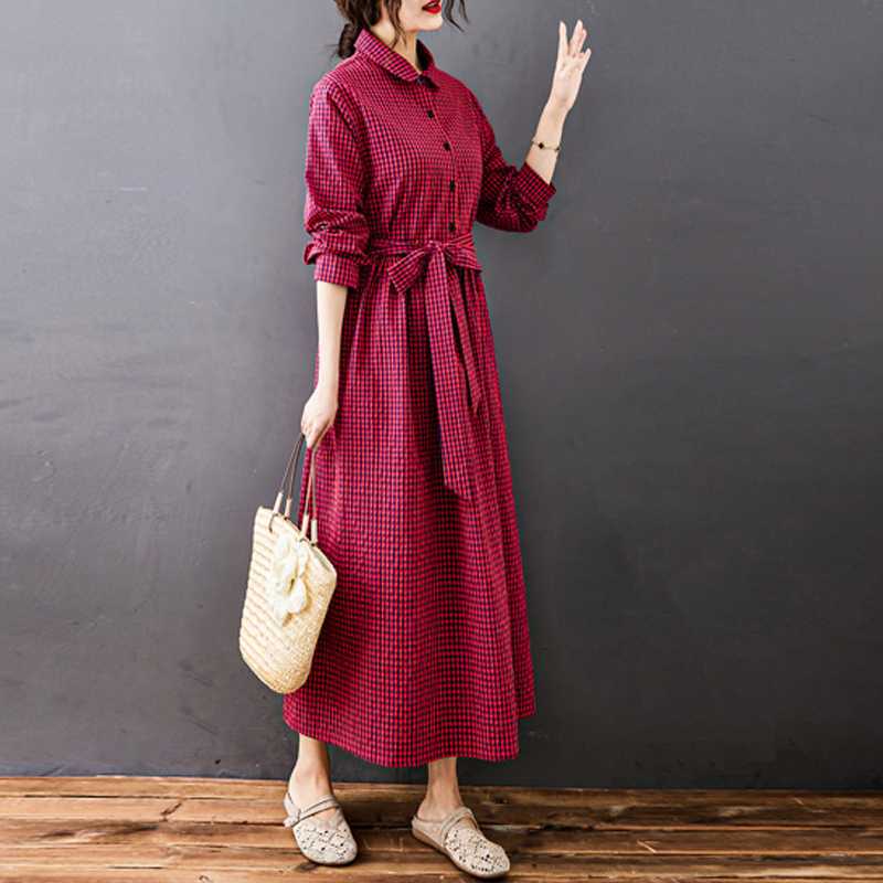 Women's Cotton and Linen Loose Fitting Plaid Mid Length Dress
