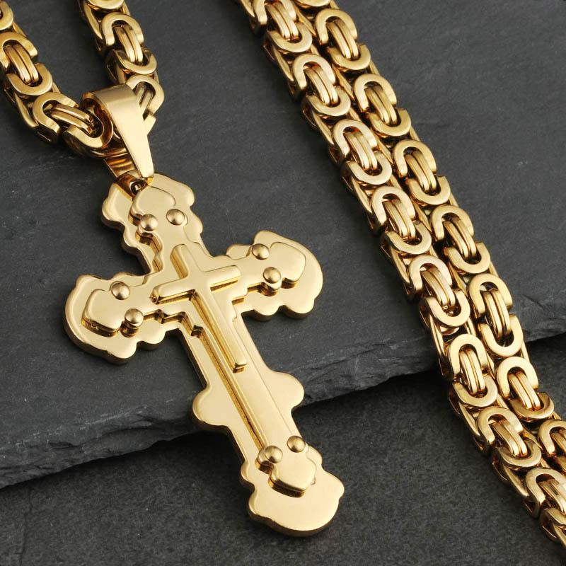 Bible Silver Color Jesus Cross Stainless Steel Pendants Necklaces Byzantine Long Chain Necklace for Men Jewelry Colar Collier