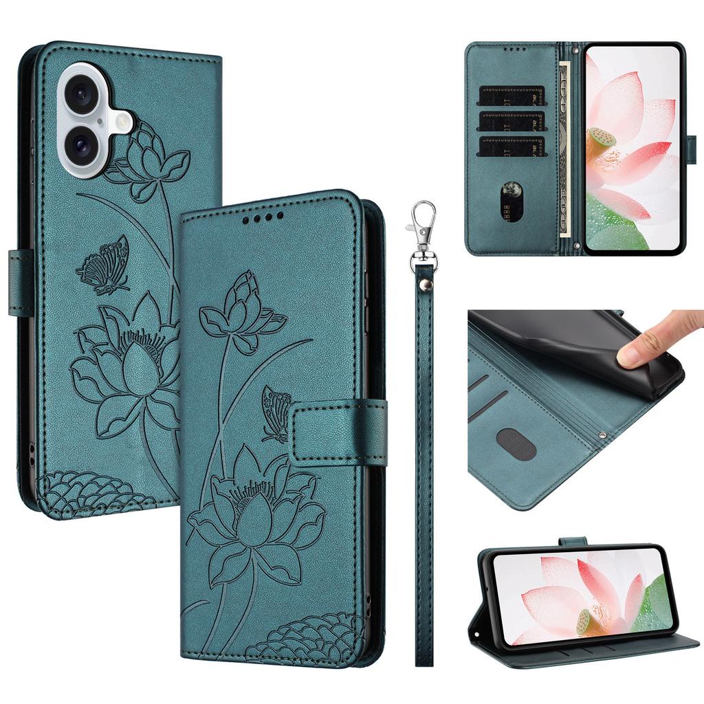 For iPhone 17 Case Wallet Stand Lotus Imprint Leather Phone Cover with Wrist Strap