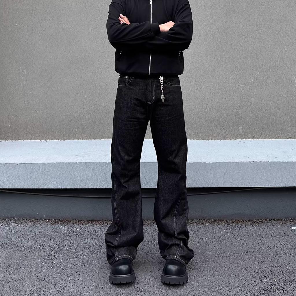 American retro original cow embroidered black jeans men's and women's niche splicing cleanfit versatile straight trousers