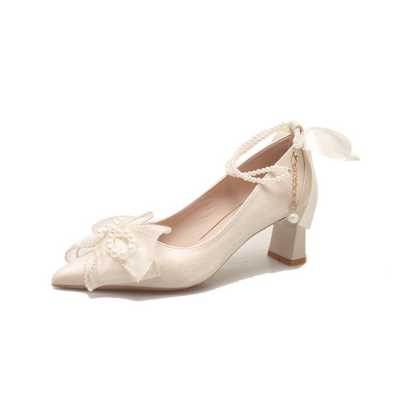 Vintage perłowe szpiczaste buty na wysokim obcasie damskie buty Mary Jane na grubym obcasie buty bankietowe ślubne