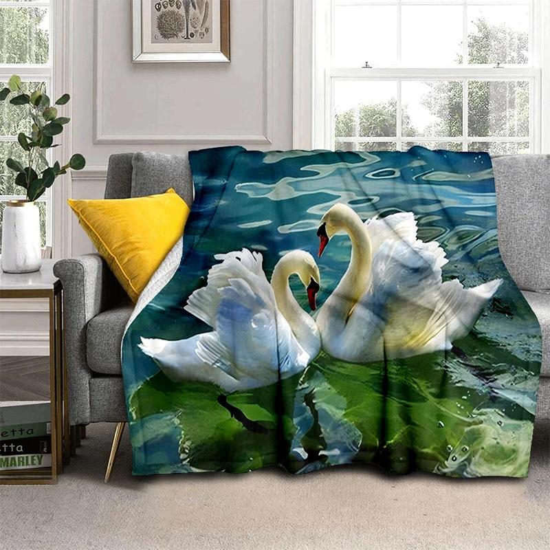 Romantic Swan Themed Blanket Couple Soft Flannel Blanket Holiday Gifts Air Travel Blanket