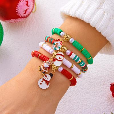 Weihnachten Weihnachtsmann Rentier Geflochtenes Armband Baum Schneeflocke Kristall Imitationsperle Weiche Tonperle Armreifen Für Frauen Männer Schmuck
