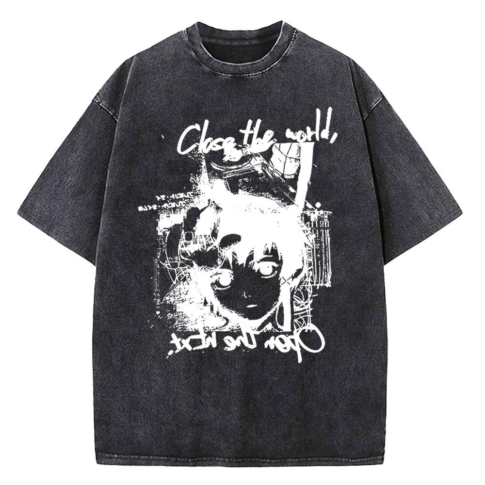 Japanese Anime Serial Experiments Lain Vintage Washed T Shirt Men High Quality Cotton Manga Short Sleeve Fashion T Shirt Women