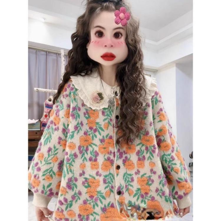 Green Floral Knitting Sweaters Jacket Autumn Winter Oversize Casual Women Cardigan Plus Size Loose Sweater Fashion