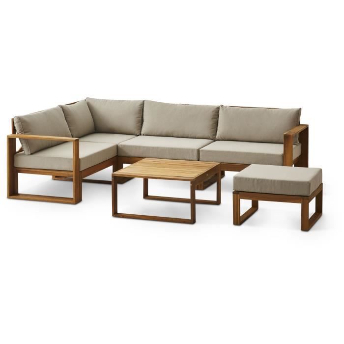Salon de jardin d'angle modulable LEVATA OTTOMAN - Bois d'acacia FSC - 6 personnes - Gris de lin + Housse incluse
