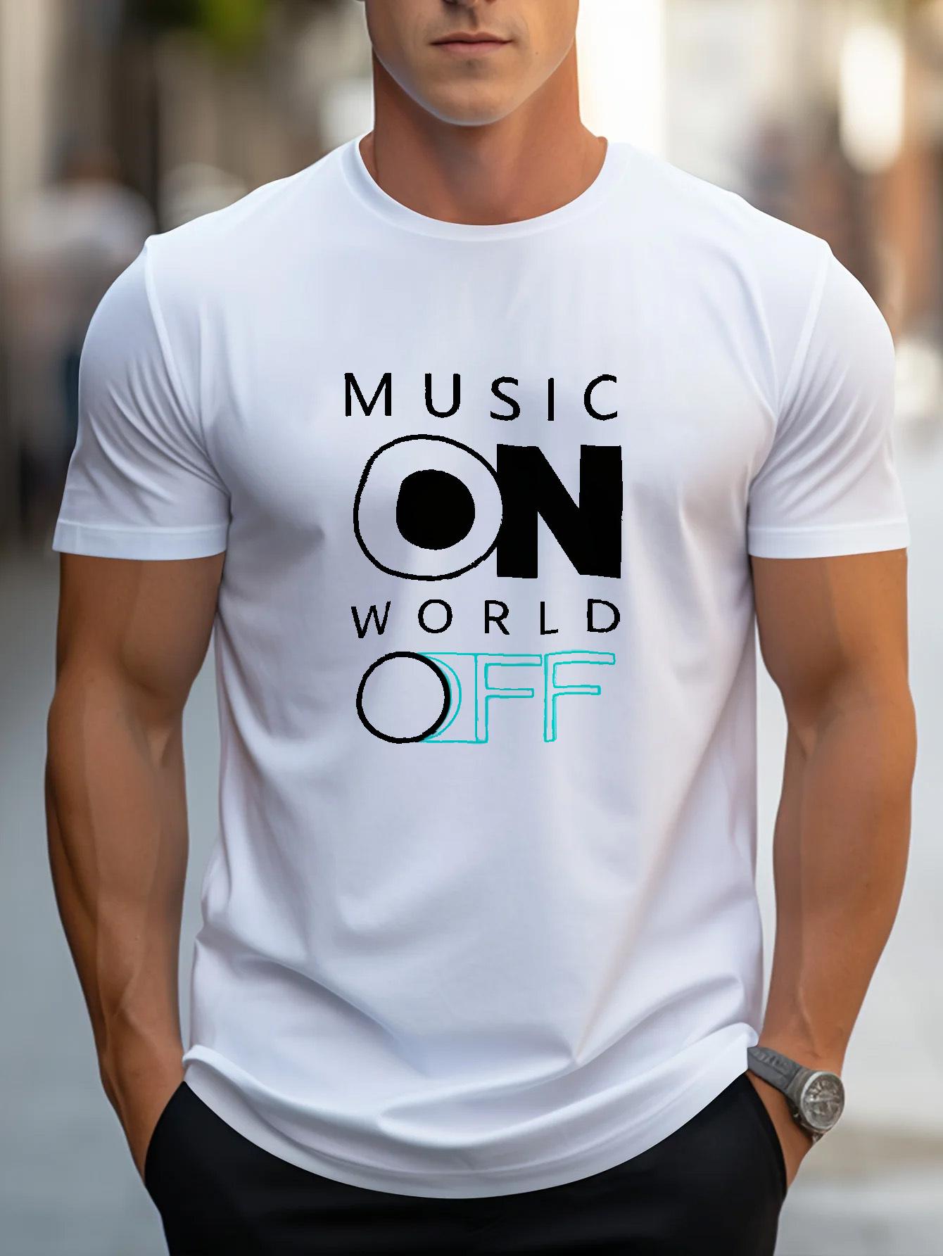 Mens TShirt White Music ON World OFF Printed Pattern High Quality Cotton S