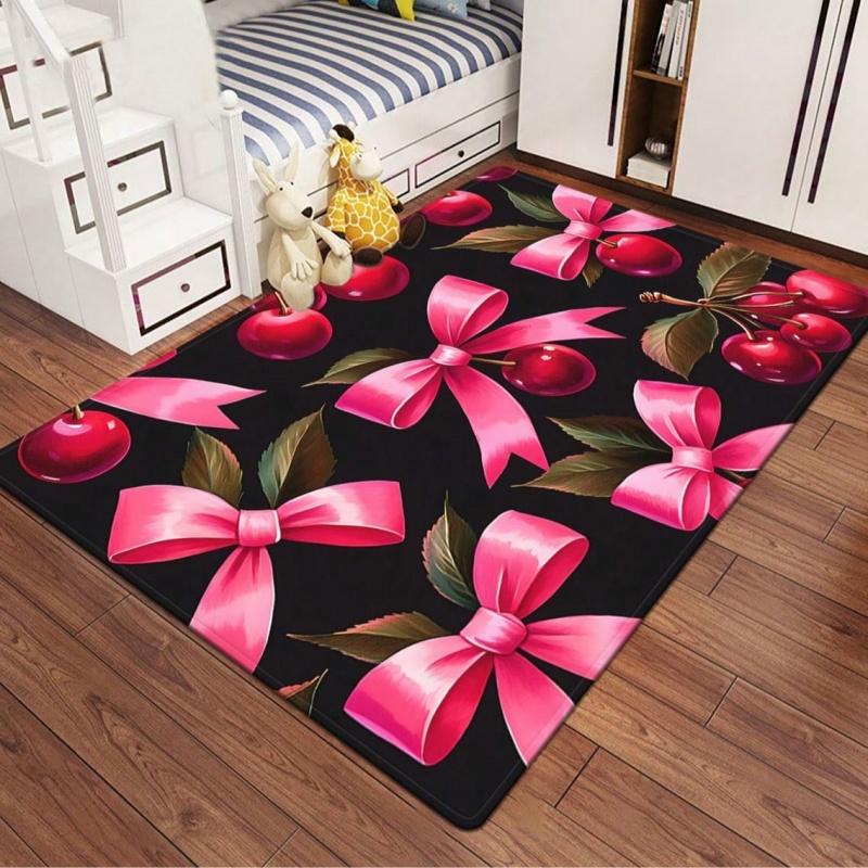 Newest Cherry and Pink Bow Large Area Rug, Black Background Sweet Pattern Floor Carpet for Girls Bedroom Nursery