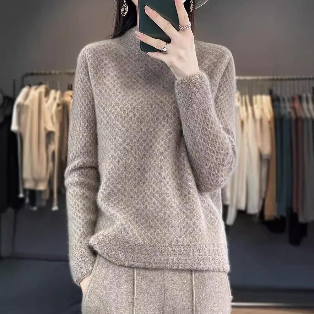 Women's 100% Wool Knitted Semi-High Neck Sweater - Thick, Loose, Slimming Autumn/Winter Wear