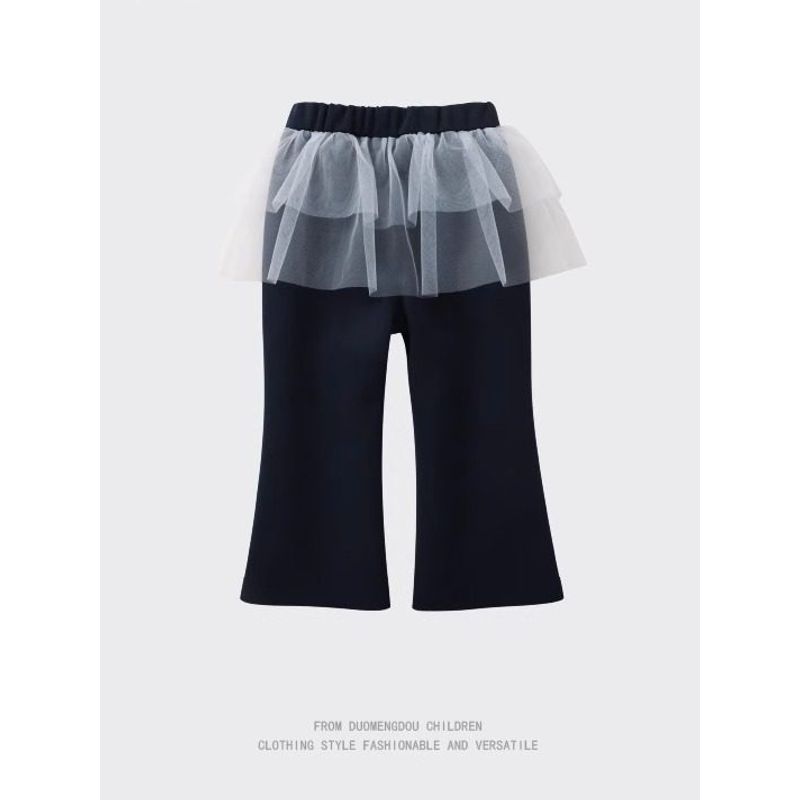 Spring and Autumn Girls' Flared Wide-Leg Pants, Korean Style Baby Girl Mesh Trendy Solid Color Thin Long Straight Casual Pants